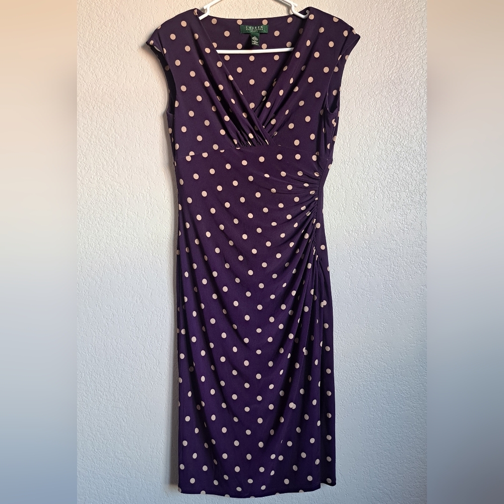 Lauren Ralph Lauren Purple Polka Dot Cap Sleeve Ruched V-neck Retro Dress Size 4